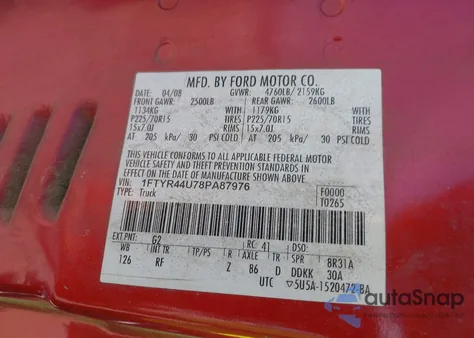 2008 Ford Ranger Sport/Xlt from USA, damaged, VIN 1FTYR44U78PA87976